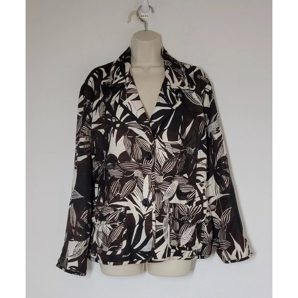 Womens Large 100%‎ Silk Blazer Jacket Brown Palm Leaves Chicos Travel Career
